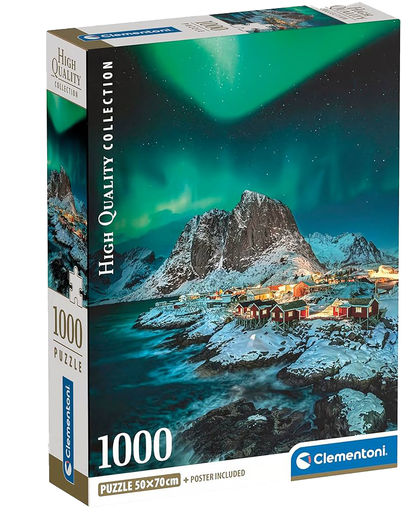 Clementoni puzzle box featuring a mountain village under the Northern Lights