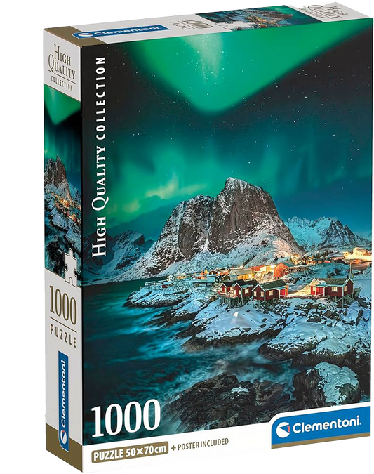 Clementoni puzzle box featuring a mountain village under the Northern Lights