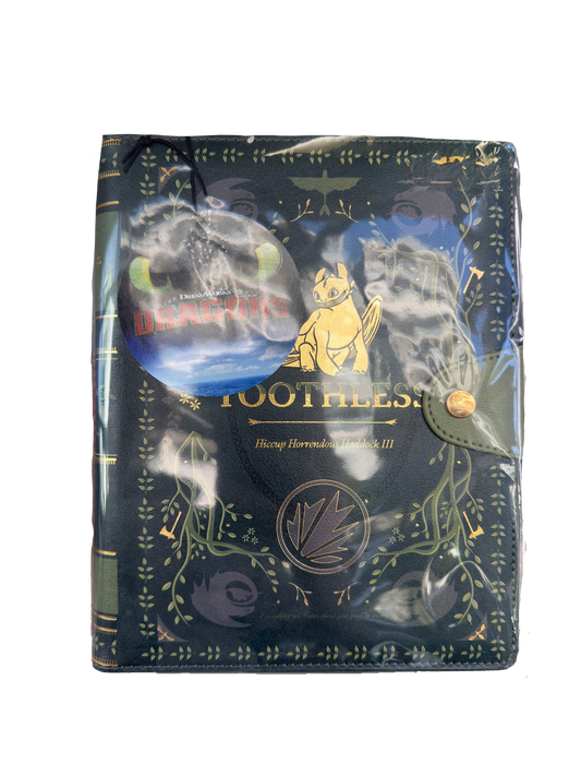 DreamWorks Dragons Toothless leatherette journal gift set with gold foil artwork and button badge, sealed in packaging