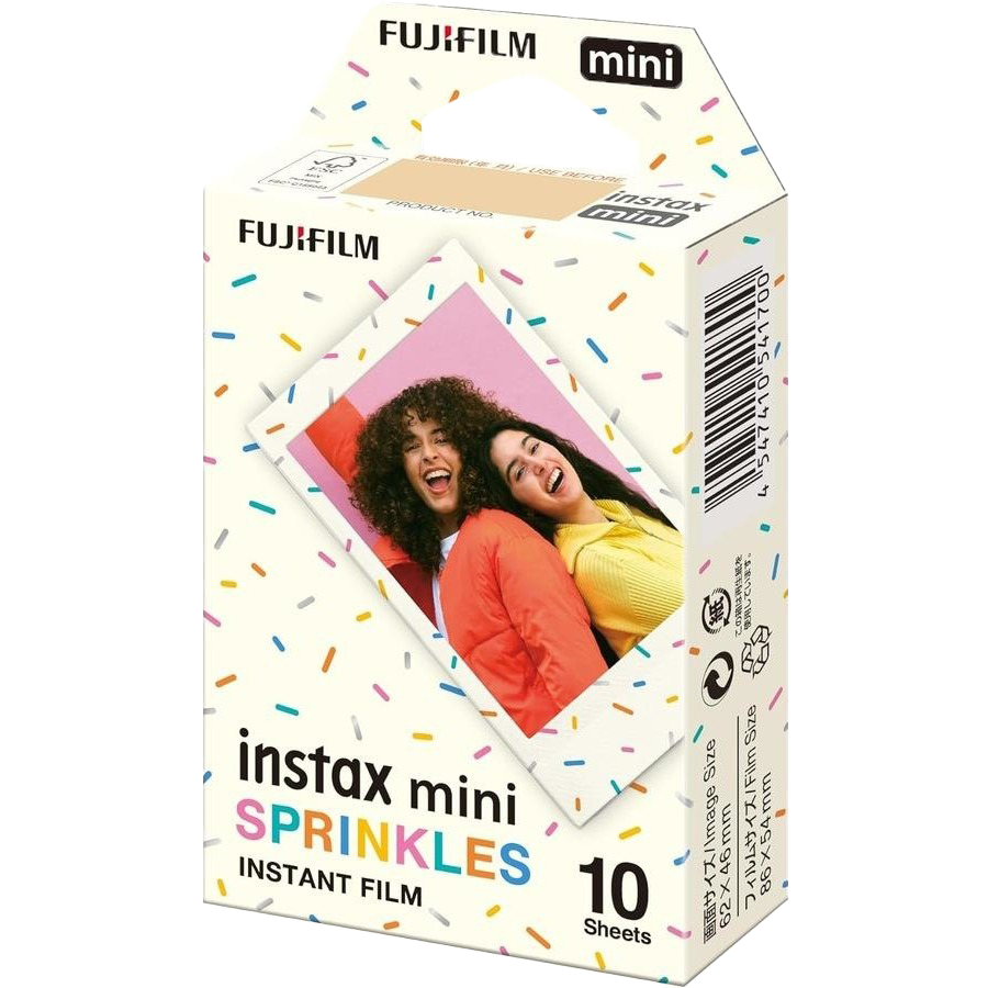 Fujifilm Instax Mini Sprinkles instant film pack with colourful confetti border design, 10 sheets