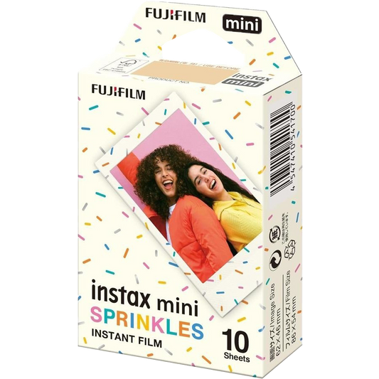 Fujifilm Instax Mini Sprinkles instant film pack with colourful confetti border design, 10 sheets