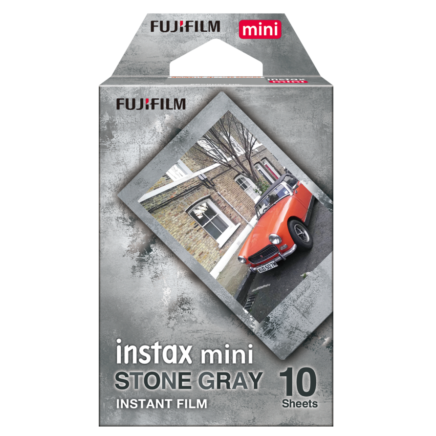 Fujifilm Instax Mini Stone Gray instant film pack showing 10 sheets with distinctive gray border frame design