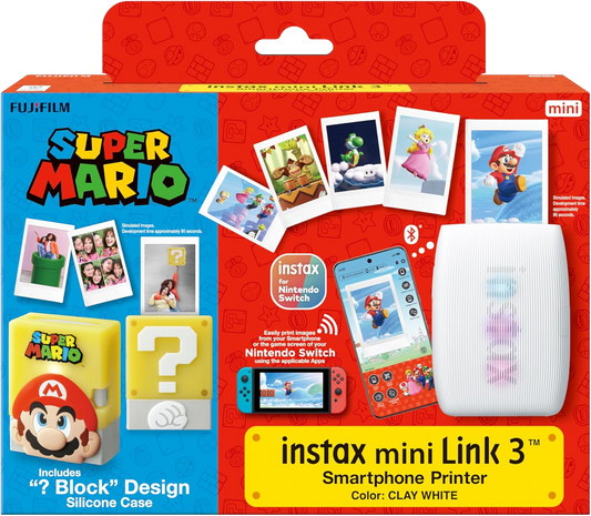 Instax mini Link 3 smartphone printer packaging with Super Mario theme