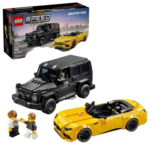 LEGO Speed Champions Mercedes-AMG G63 and Mercedes-AMG GT R with packaging on a white background