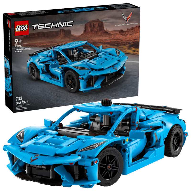 LEGO Technic Chevrolet Corvette Stingray Blue 42217 box showing 732-piece car model kit, age 9+
