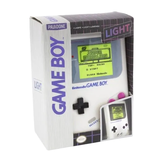 Paladone Nintendo Game Boy novelty light in original grey colourway, showing illuminated Super Mario Land screen graphic.