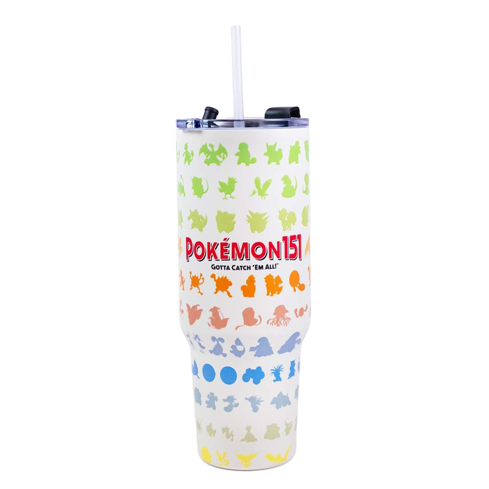Pokemon 151 Gotta Catch Em All insulated tumbler with colourful Pokemon silhouettes and straw lid