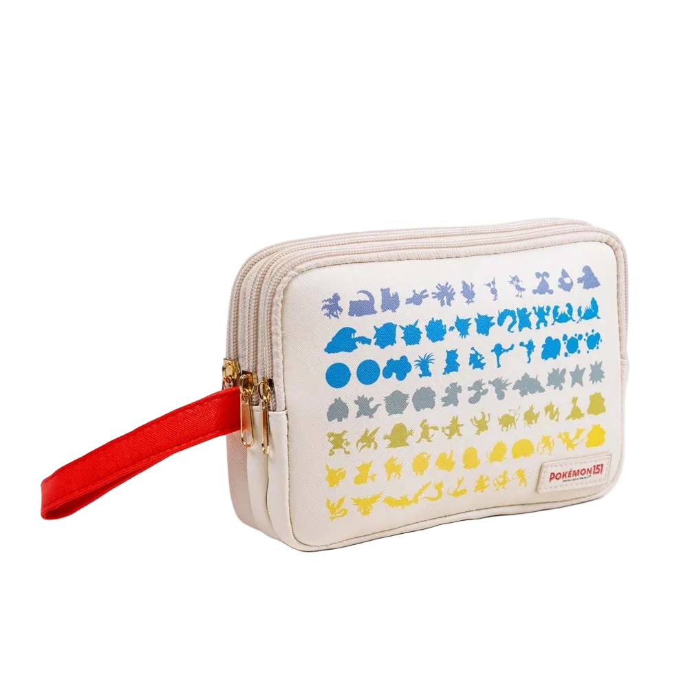 Pokémon 151 triple-zip wristlet pouch in cream with all original Kanto Pokémon silhouettes and red strap