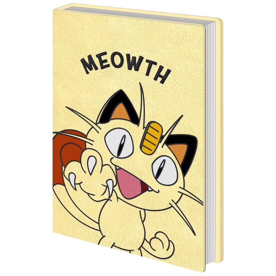 Notebook with Meowth design on a beige background
