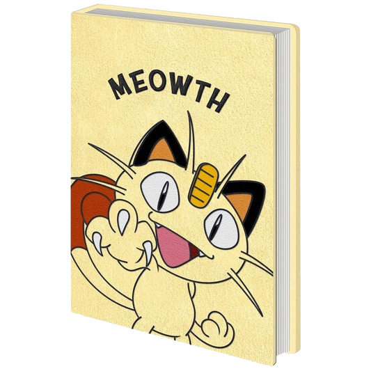 Notebook with Meowth design on a beige background