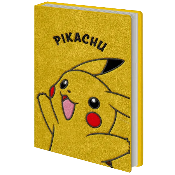 Pokémon Pikachu Plush Notebook A5, yellow plush hardcover with embroidered Pikachu, officially licensed, 180 pages
