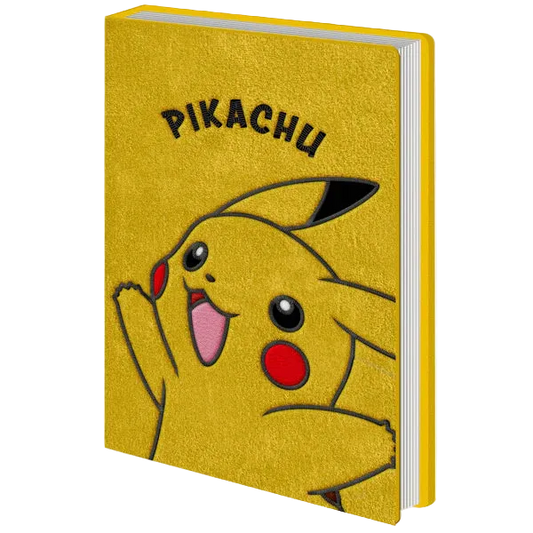 Pokémon Pikachu Plush Notebook A5, yellow plush hardcover with embroidered Pikachu, officially licensed, 180 pages