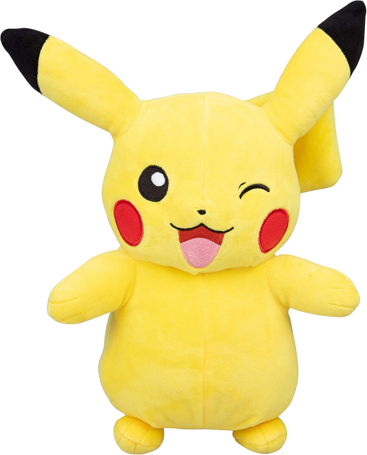 Official Pokémon Pikachu yellow plush toy with winking expression, red cheeks, and black-tipped ears