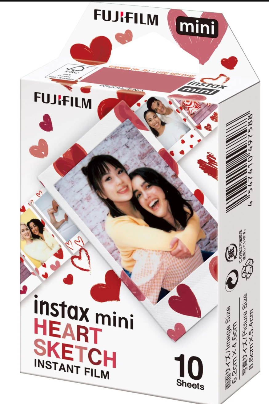 Fujifilm instax mini heart sketch instant film packaging with photos on a white background