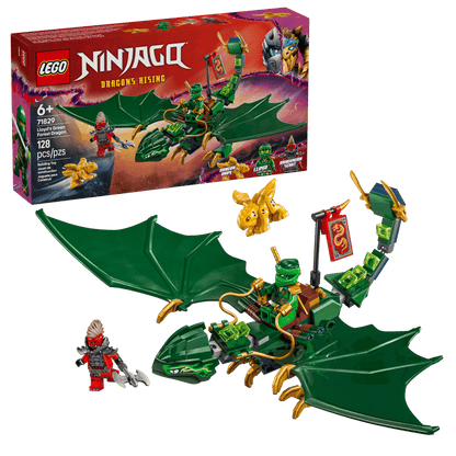 LEGO Ninjago set with dragon and characters, including packaging, on a white background