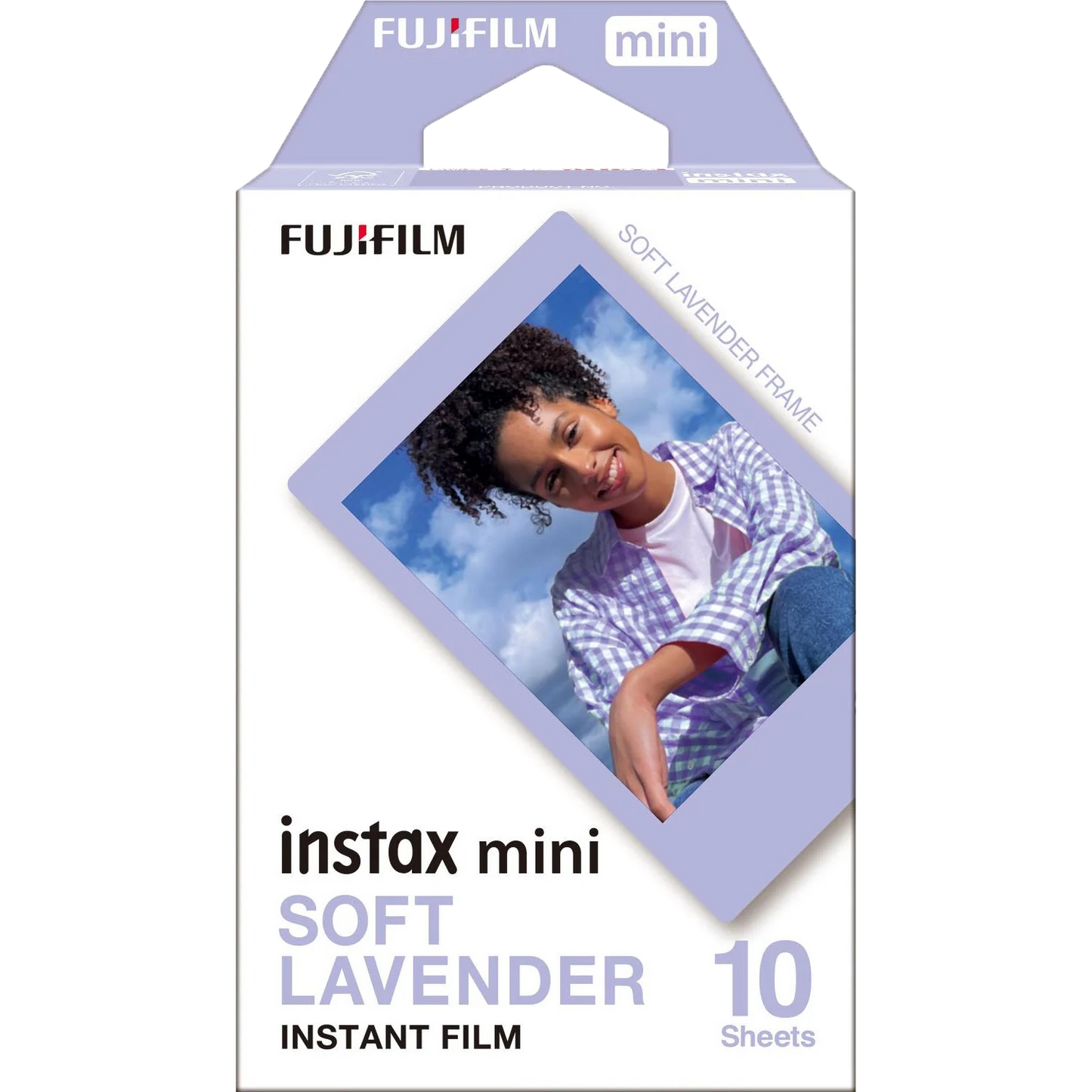 Fujifilm Instax Mini Soft Lavender instant film pack showing 10 sheets with purple-tinted frame design
