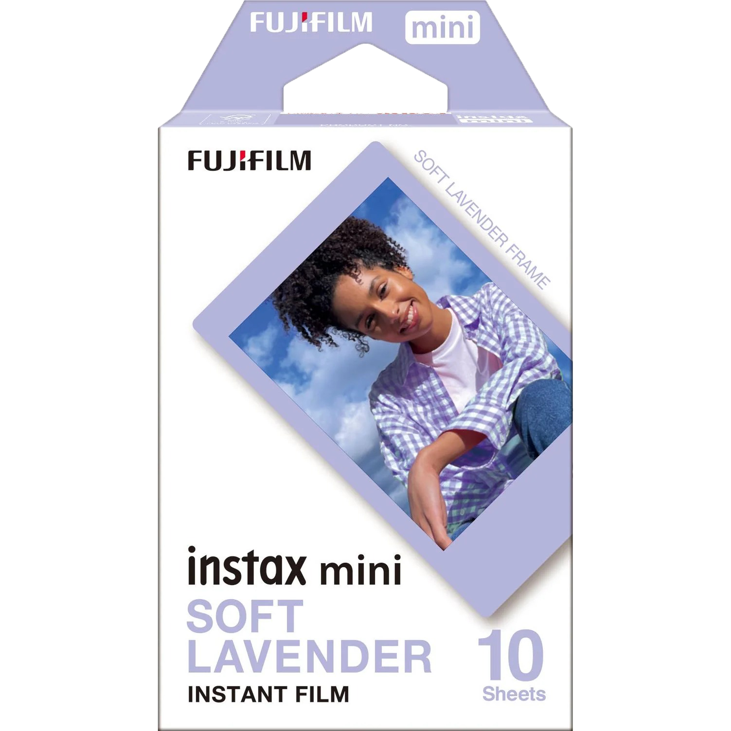 Fujifilm Instax Mini Soft Lavender instant film pack showing 10 sheets with purple-tinted frame design