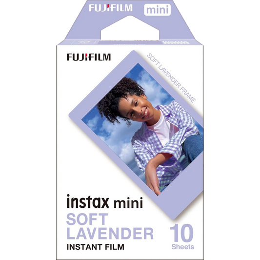 Fujifilm Instax Mini Soft Lavender instant film pack showing 10 sheets with purple-tinted frame design