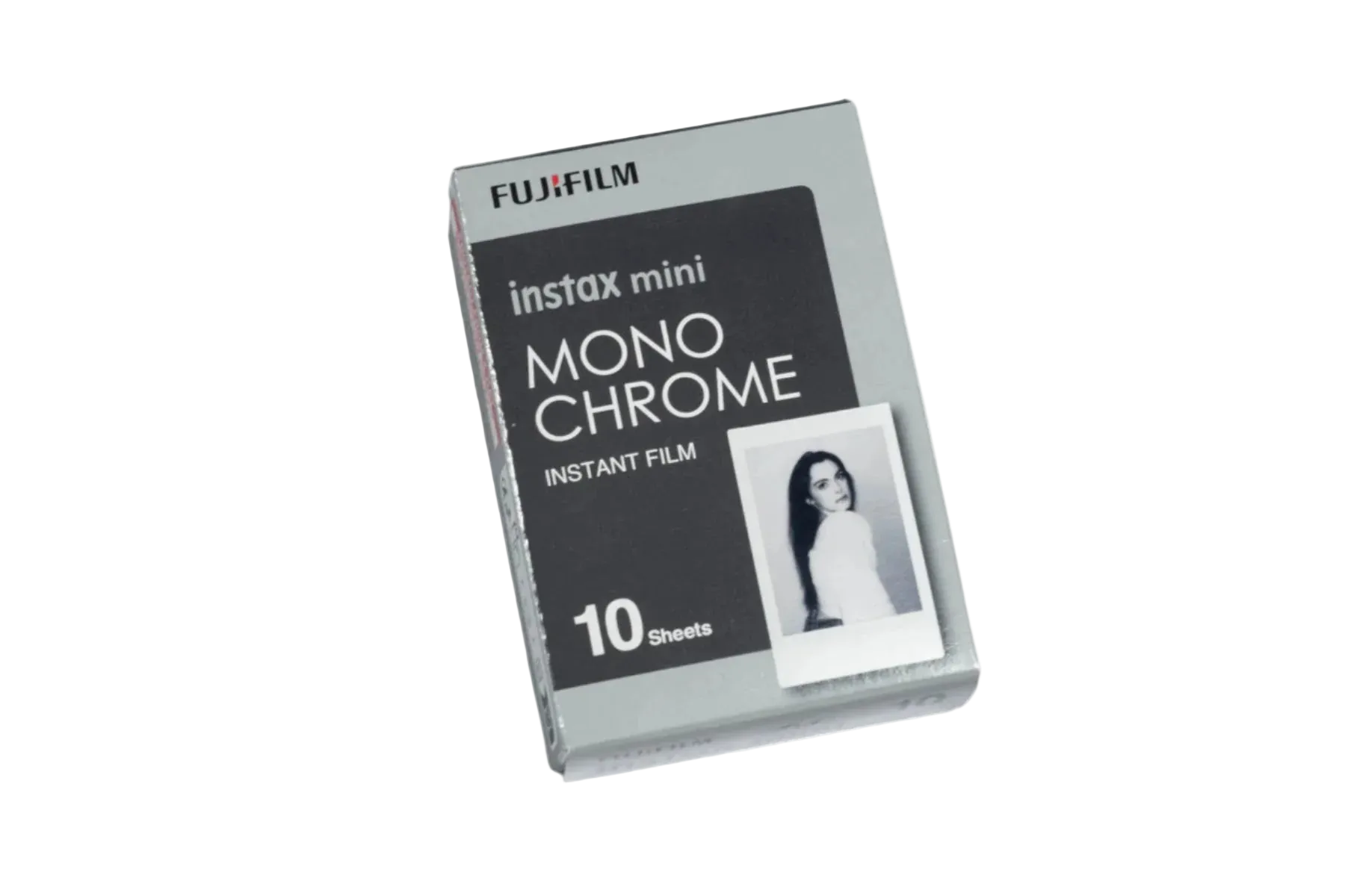 Fujifilm Instax Mini Monochrome instant film 10 sheet pack showing black and white film cartridge