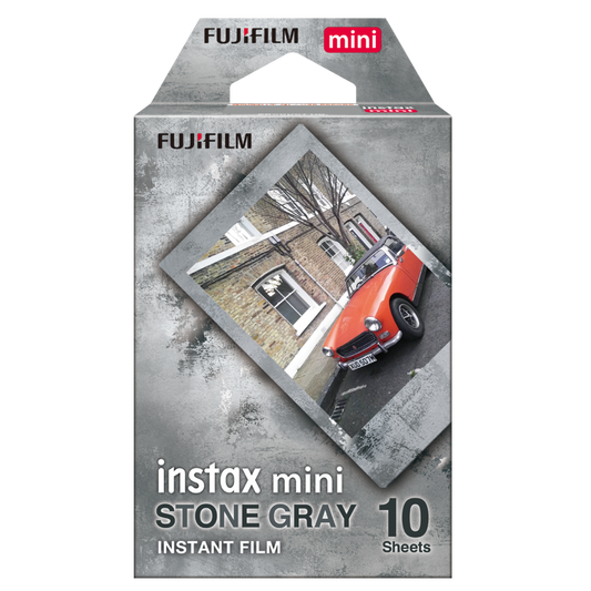 Fujifilm Instax Mini Stone Gray instant film pack showing 10 sheets with distinctive gray border frame design