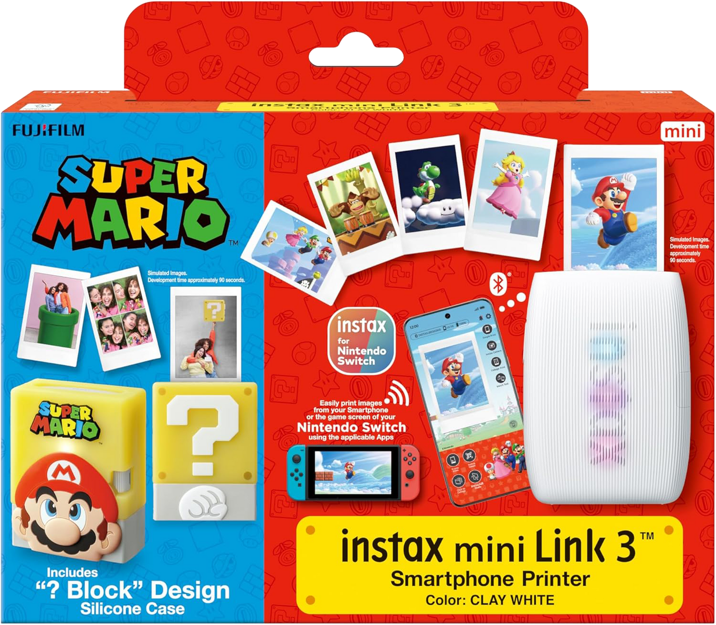 Instax mini Link 3 smartphone printer packaging with Super Mario theme