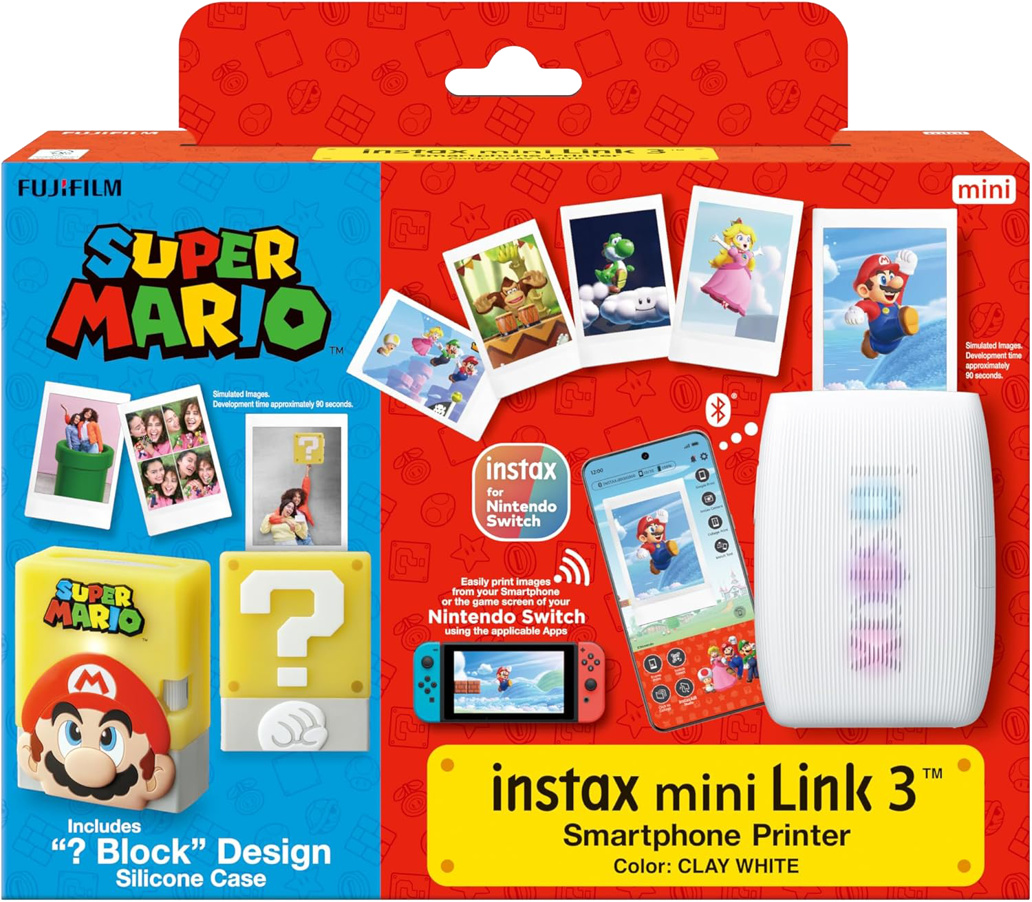 Instax mini Link 3 smartphone printer packaging with Super Mario theme