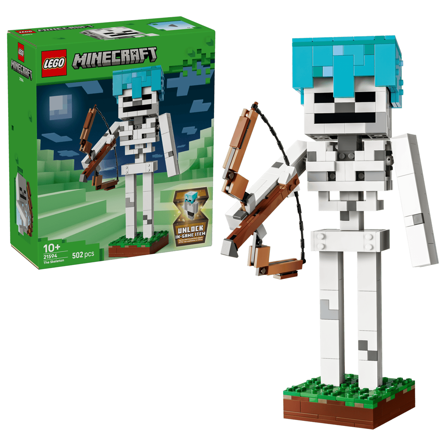 LEGO Minecraft The Skeleton 21594 – 502-piece brick-built figure with bow, arrow and removable diamond helmet