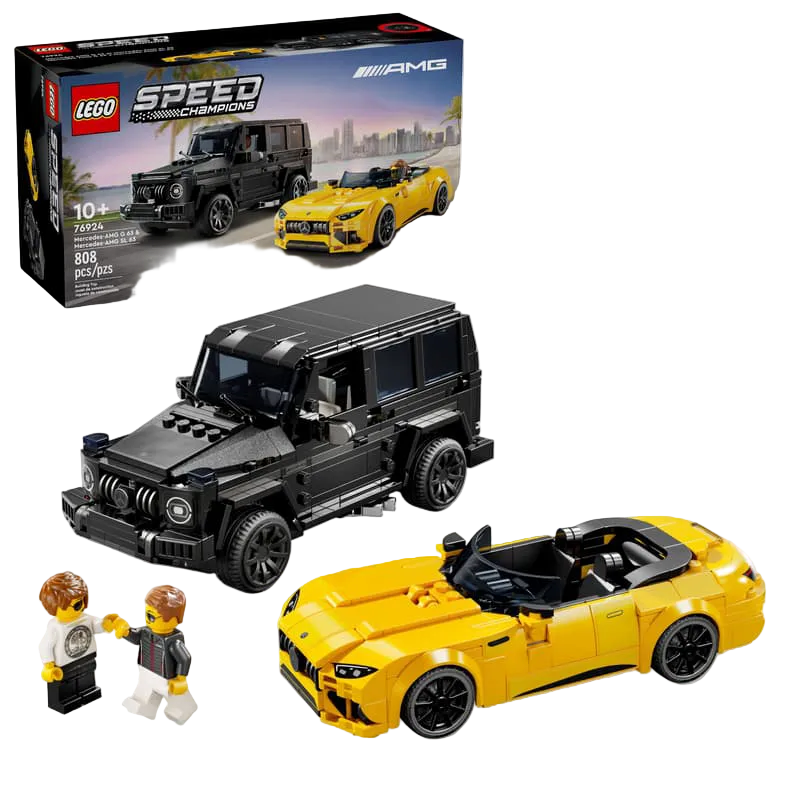 LEGO Speed Champions Mercedes-AMG G63 and Mercedes-AMG GT R with packaging on a white background