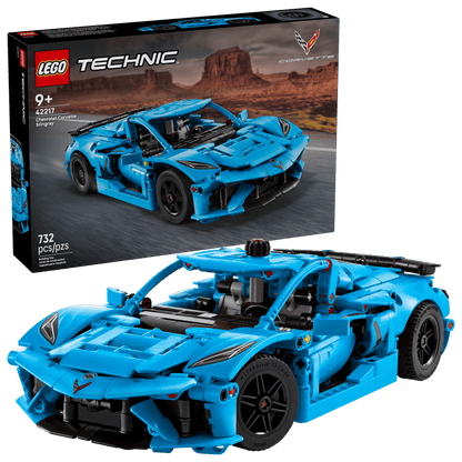 LEGO Technic Chevrolet Corvette Stingray Blue 42217 box showing 732-piece car model kit, age 9+