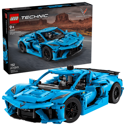 LEGO Technic Chevrolet Corvette Stingray Blue 42217 box showing 732-piece car model kit, age 9+