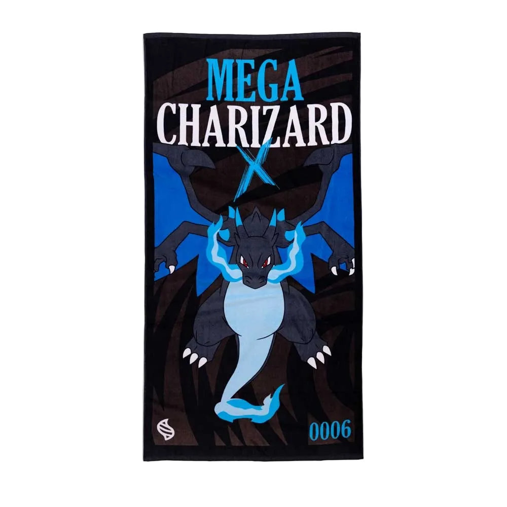 Mega Charizard X beach towel, black with blue flame graphic print and Pokémon number 0006