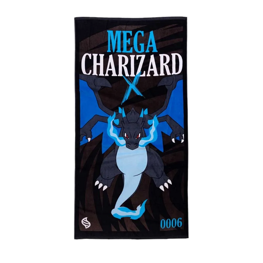 Mega Charizard X beach towel, black with blue flame graphic print and Pokémon number 0006