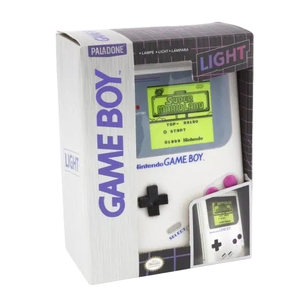 Paladone Nintendo Game Boy novelty light in original grey colourway, showing illuminated Super Mario Land screen graphic.