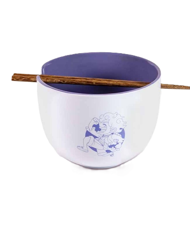 One Piece purple ramen bowl with chopsticks set featuring Straw Hat Pirates skull logo in retail packaging