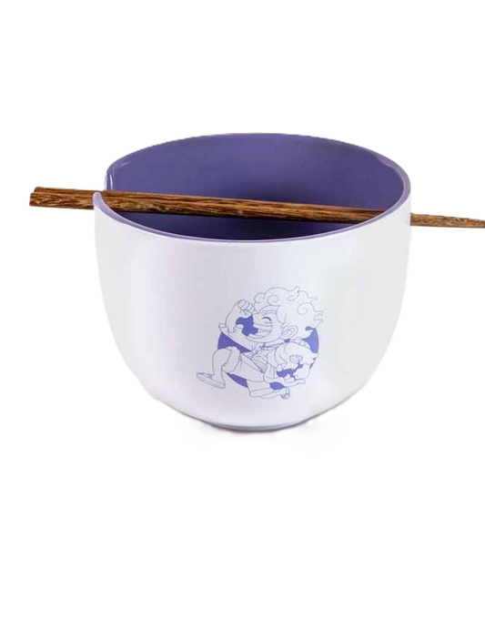 One Piece purple ramen bowl with chopsticks set featuring Straw Hat Pirates skull logo in retail packaging