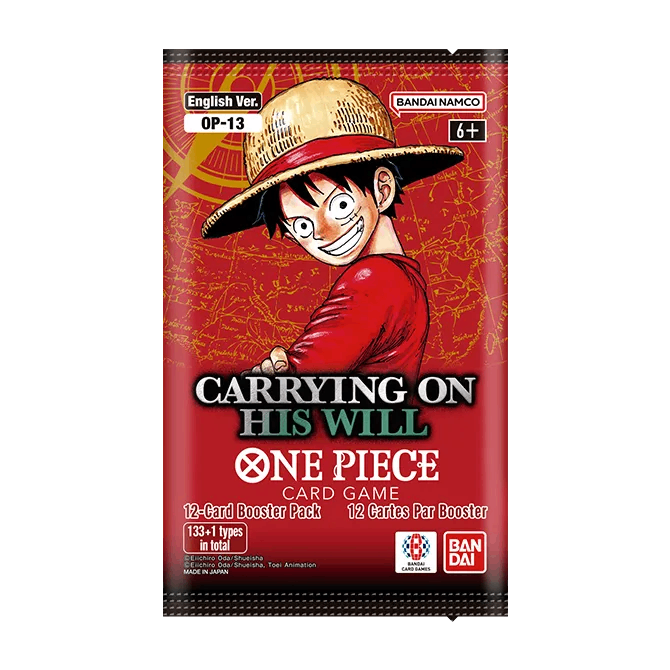 One Piece Card Game OP-13 Carrying On His Will 12-card booster pack featuring Monkey D. Luffy, English version by BANDAI