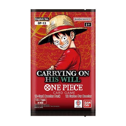 One Piece Card Game OP-13 Carrying On His Will 12-card booster pack featuring Monkey D. Luffy, English version by BANDAI