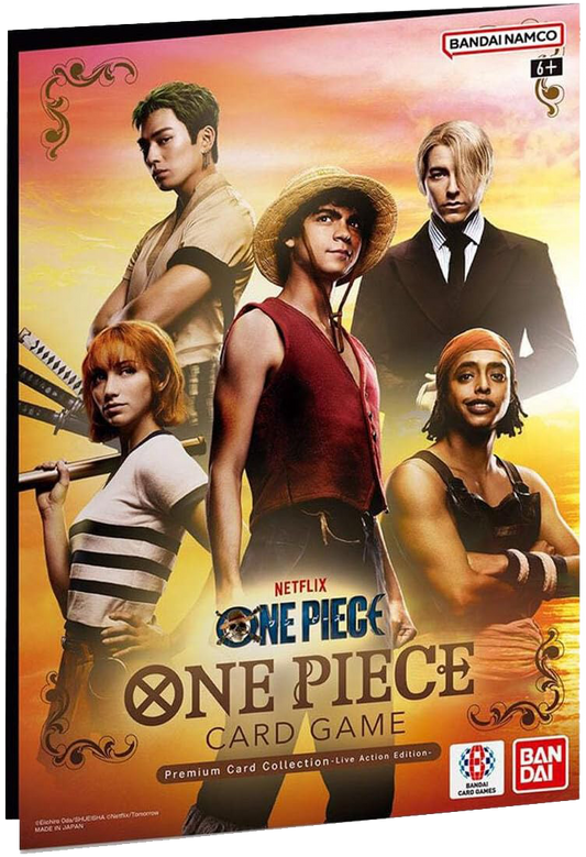 One Piece Card Game Premium Card Collection Live Action Edition box featuring Netflix cast characters by Bandai Namco
