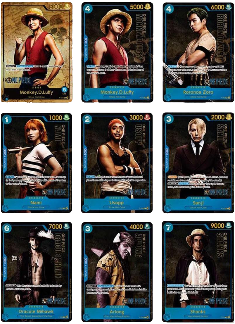 One Piece Card Game Premium Card Collection Live Action Edition — all 9 cards including Luffy Leader, Zoro, Nami, Usopp, Sanji, Mihawk, Arlong, and Shanks