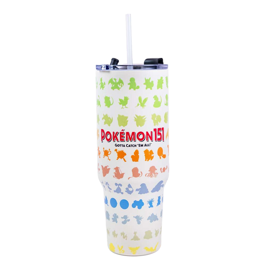 Pokemon 151 Gotta Catch Em All insulated tumbler with colourful Pokemon silhouettes and straw lid