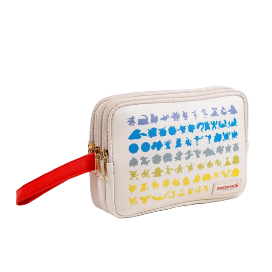 Pokémon 151 triple-zip wristlet pouch in cream with all original Kanto Pokémon silhouettes and red strap