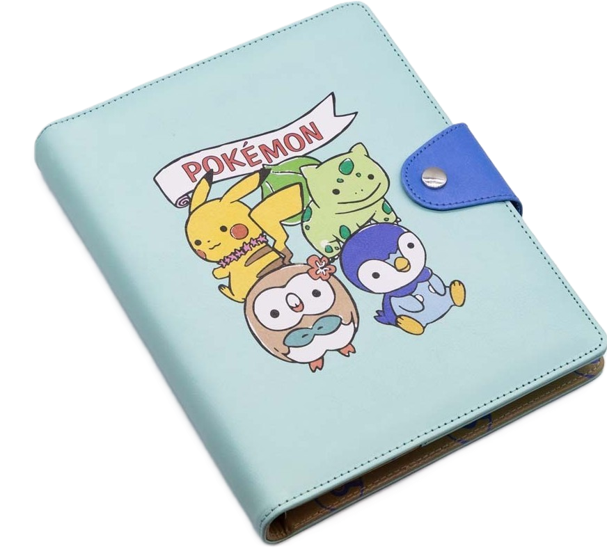 Mint blue Pokémon A5 notebook featuring Pikachu, Rowlet, Piplup and friends with snap closure button