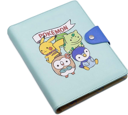 Mint blue Pokémon A5 notebook featuring Pikachu, Rowlet, Piplup and friends with snap closure button