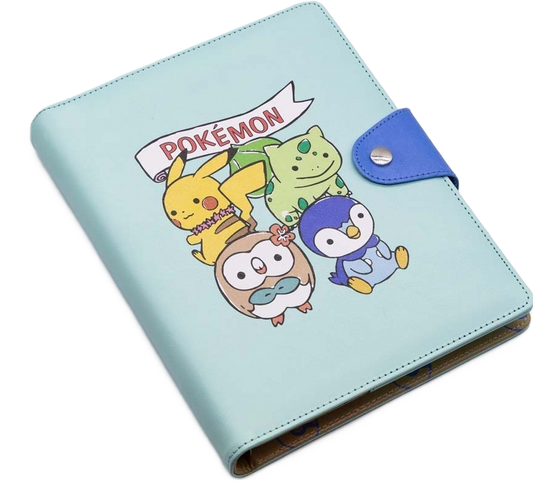 Mint blue Pokémon A5 notebook featuring Pikachu, Rowlet, Piplup and friends with snap closure button
