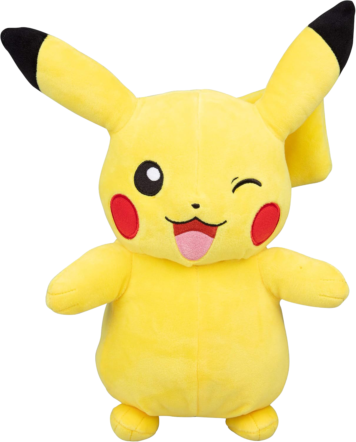 Official Pokémon Pikachu yellow plush toy with winking expression, red cheeks, and black-tipped ears