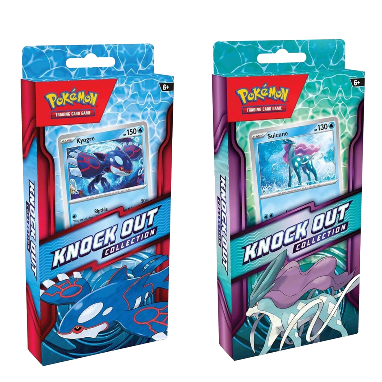 Pokémon TCG Knock Out Collection boxes featuring cosmos foil Kyogre and Suicune promo cards with 2 booster packs