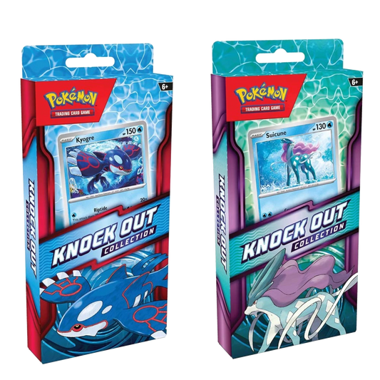 Pokémon TCG Knock Out Collection boxes featuring cosmos foil Kyogre and Suicune promo cards with 2 booster packs