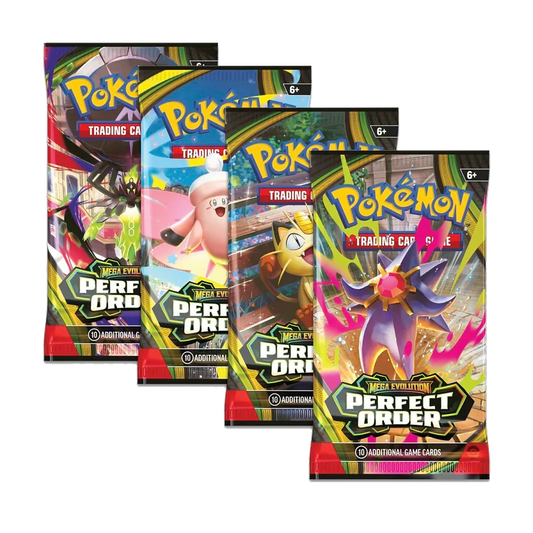 Sealed Pokémon TCG Mega Evolution Perfect Order booster pack featuring purple Mega Evolution Pokémon artwork