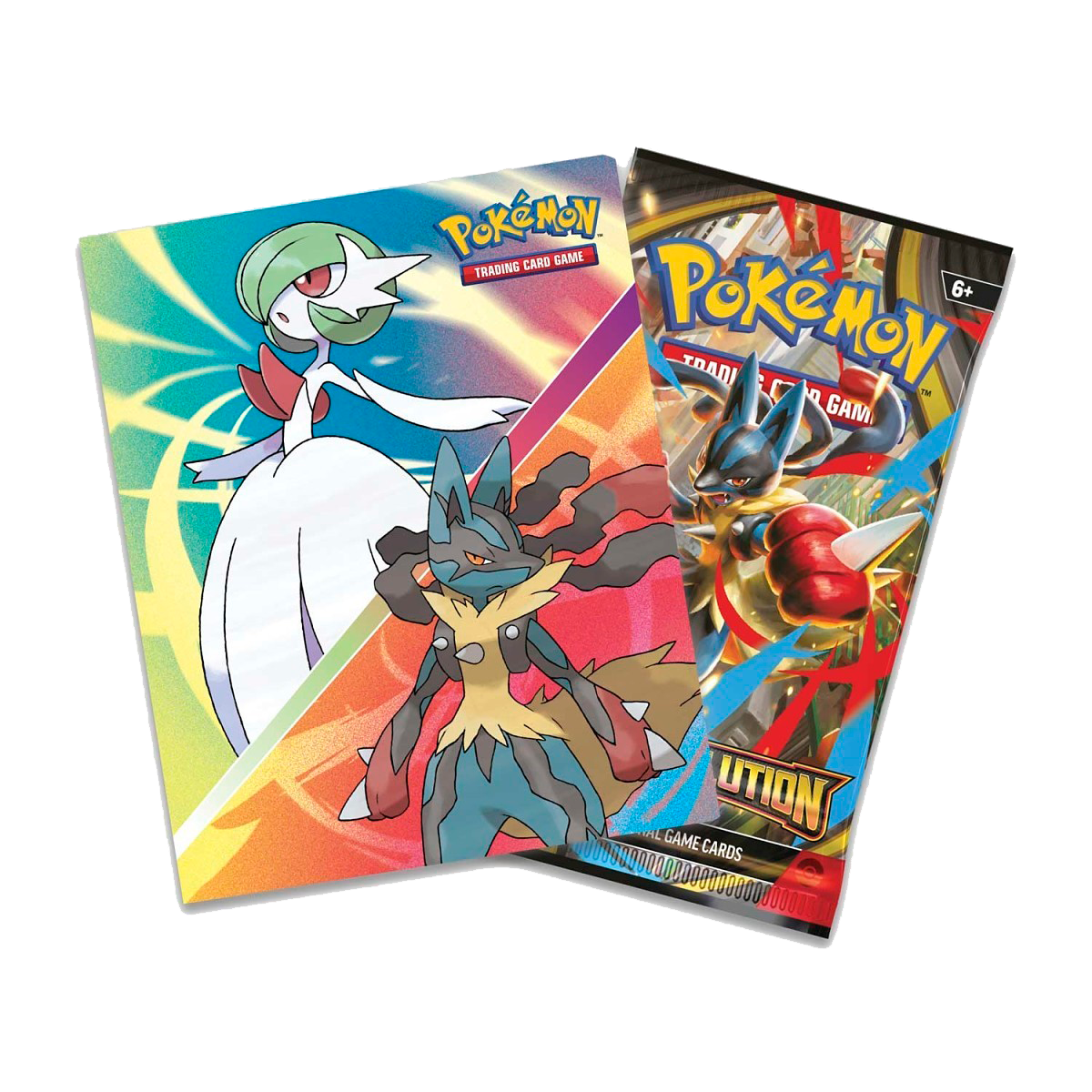 Pokémon TCG Mini Portfolio featuring Mega Gardevoir and Mega Lucario artwork, holds 60 cards, includes 1 booster pack