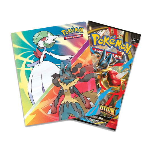 Pokémon TCG Mini Portfolio featuring Mega Gardevoir and Mega Lucario artwork, holds 60 cards, includes 1 booster pack